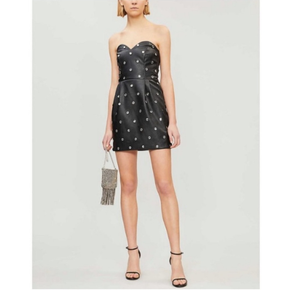 TOPSHOP Crystal Studded Black Vegan Leather Bustier Bodycon Mini Dress sz 4